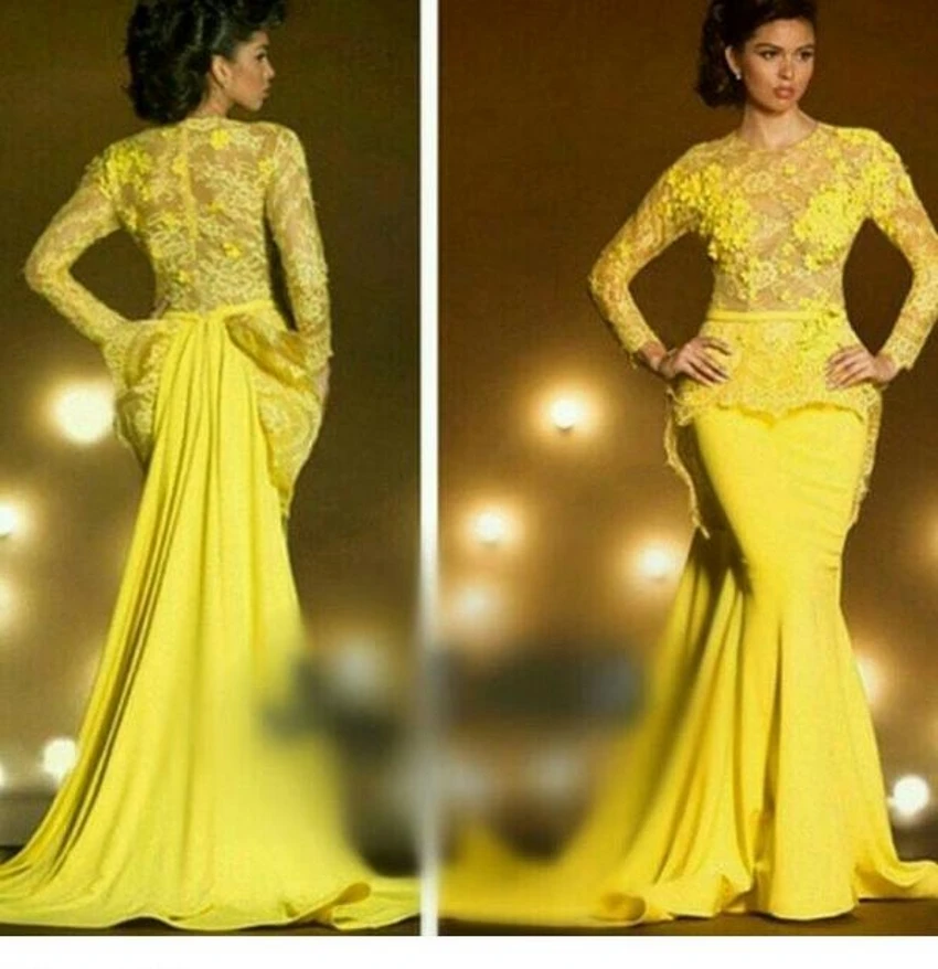 2018 amarelo muçulmano varredura trem robe de soiree sereia dubai árabe manga longa noite formal vestido mãe da noiva vestidos