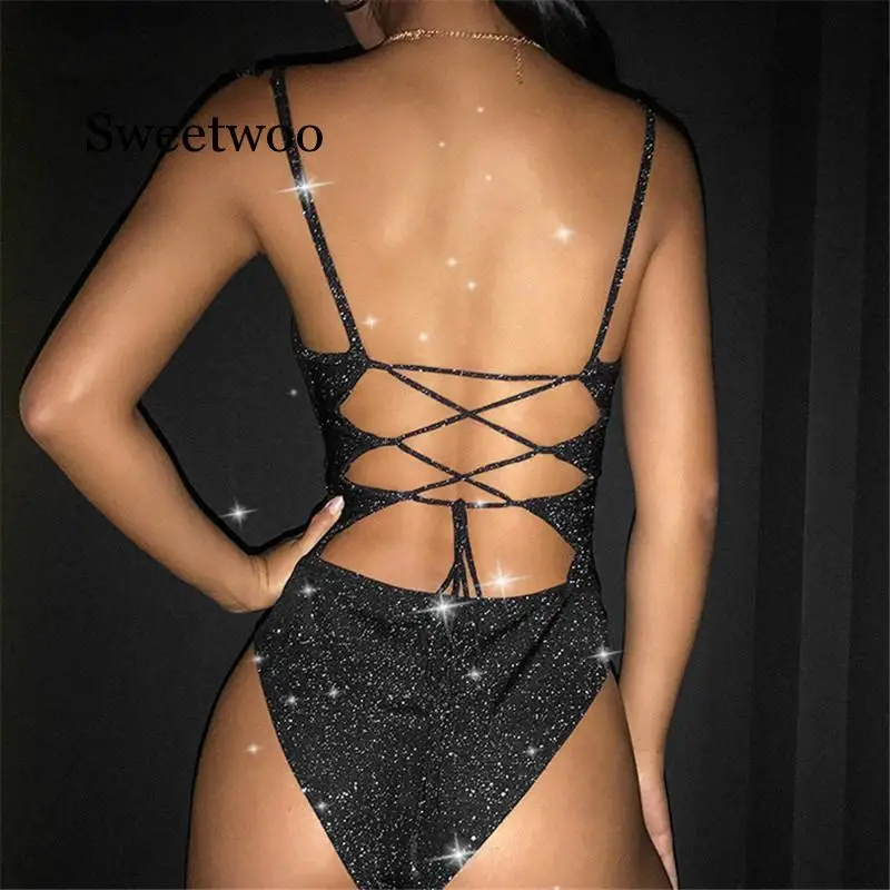 Body sem costas sexy colado com glitter, roupa feminina casual preta para festa em clube e verão 2020