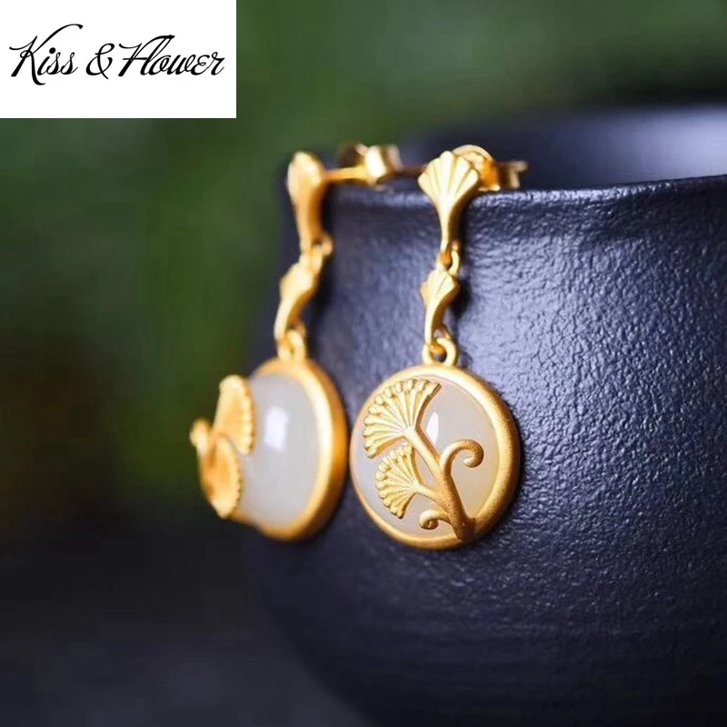 

KISS&FLOWER ER231 Fine Jewelry Wholesale Fashion Woman Bride Mother Birthday Wedding Gift Apricot Leaf 24KT Gold Stud Earrings