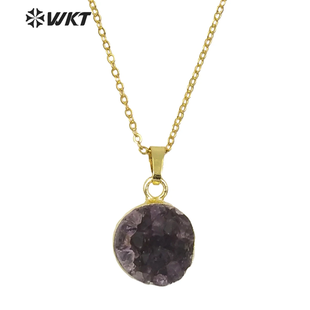 WKT Elagant Fashion Raw Round druzy Necklace With Gold Trim Natural Crystal High Quality