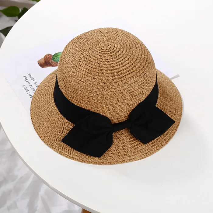 Spring Summer Children Baby Girl Straw Plaited Bucket Hat Beach Holiday Round Top Outdoor Bow Sun Block Hat Cap for Kids Girls