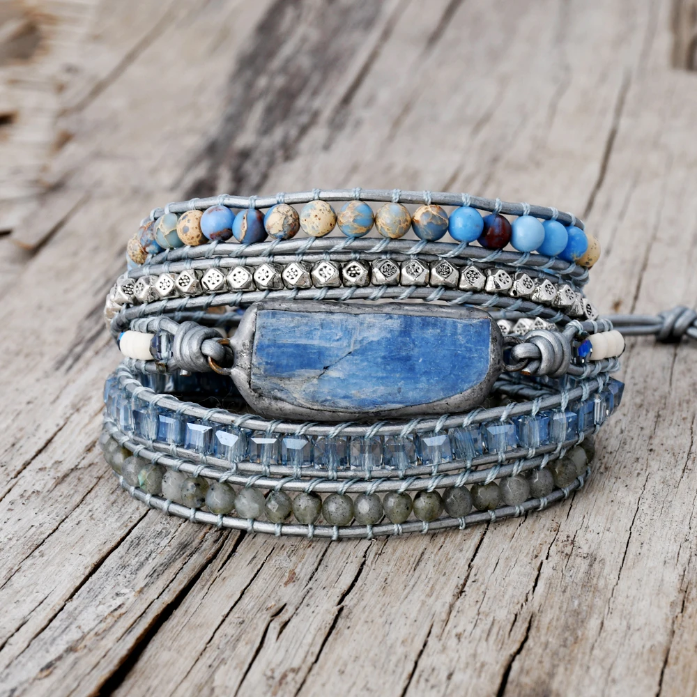 Natural Kyanite Bracelet Handcrafted 5X Wraped Leather Bracelets Blue Crystal Healing Natural Cyanite Jewelry For Women Men