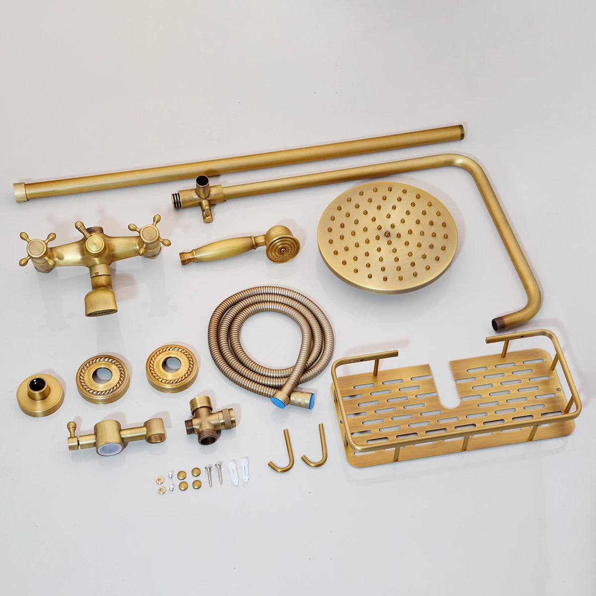 Imagem -05 - Kemaidi Antique Brass Wall Mount Shower Conjunto Torneira Único Punho com Chuveiro de Mão Mais Prateleira do Banheiro Chuveiro Torneira Misturadora