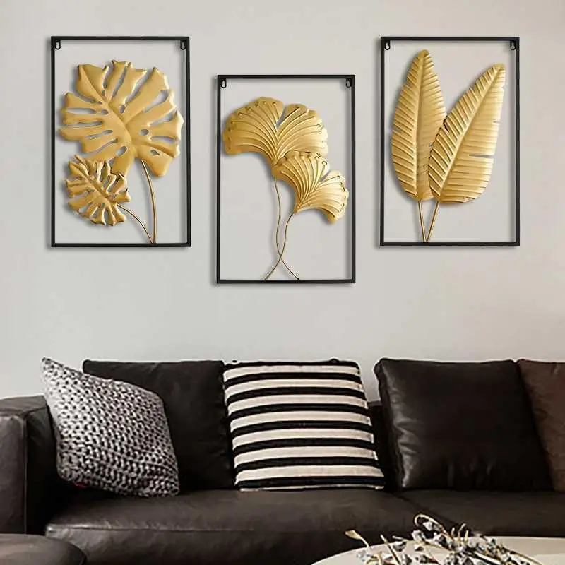 

Hot Nordic Metal Leaf Plant Wall Decor Non-perforated Wall Mural Wrought Iron Wall Hanging Living Room Bedroom Home Decoration