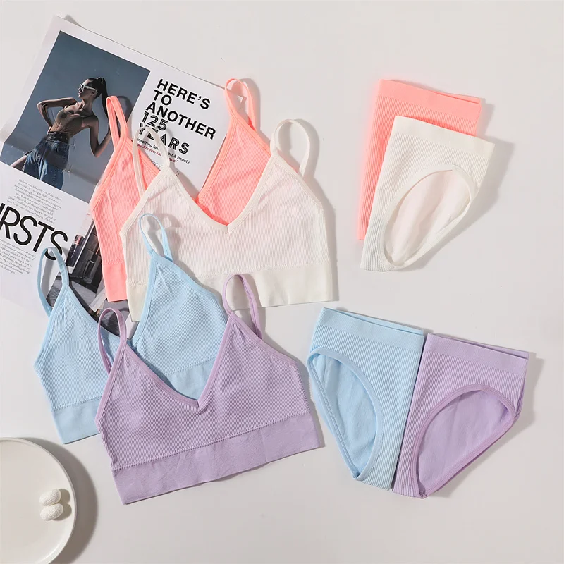 Seamless Bra Panties Set Women Bra U Back Crop Top Brassiere Sexy Lingerie Set Fitness Underwear No Pads Bralette Briefs Set