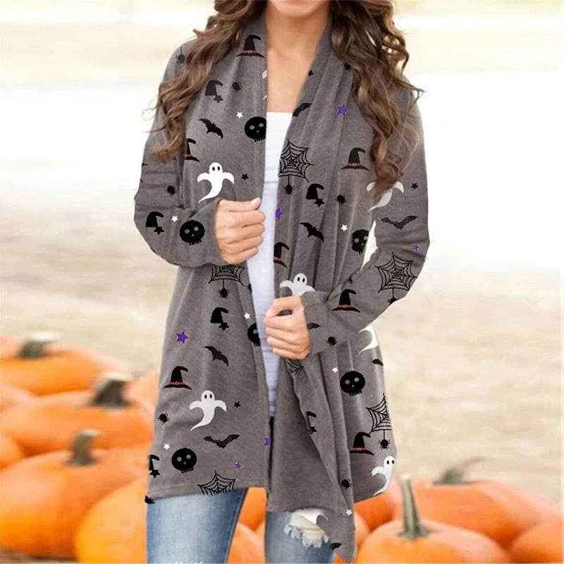 Halloween Skull Pumpkin Print Long Sleeve Cardigans Autumn Winter Casual Open Stitch Long Tops Ladies Elegant Cardigan Wholesale