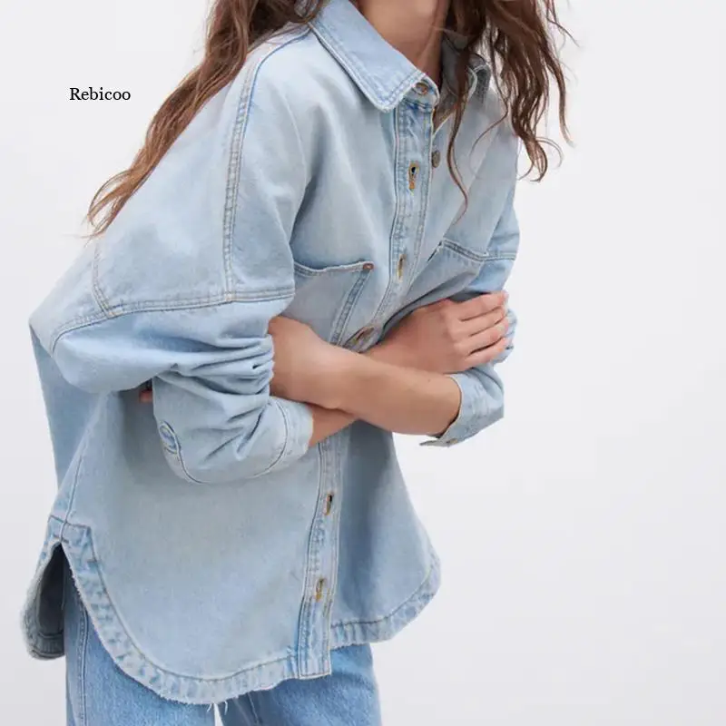 Women\'s Denim Jackets Oversize Shirt Coat With Pocket long Sleeve Pink button Top Fashion Chic Shirt Woman Jacket Autumn