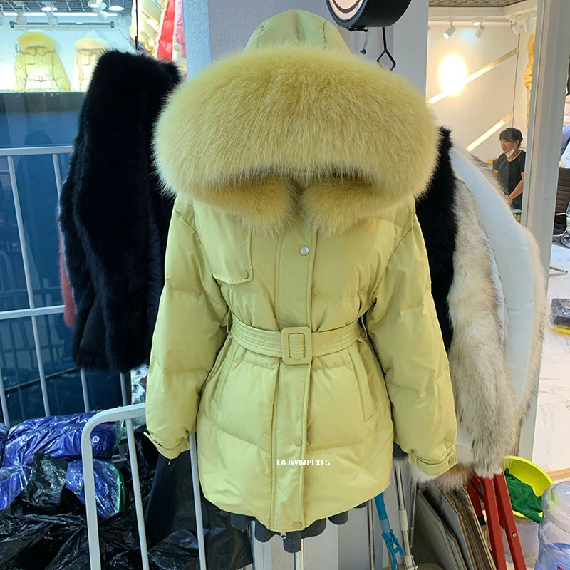 2021 New Winter Real Fox Fur Collar down jacket women with belt Hooded Parkas White Duck Down Coats Thick Warm Outerwear YR06