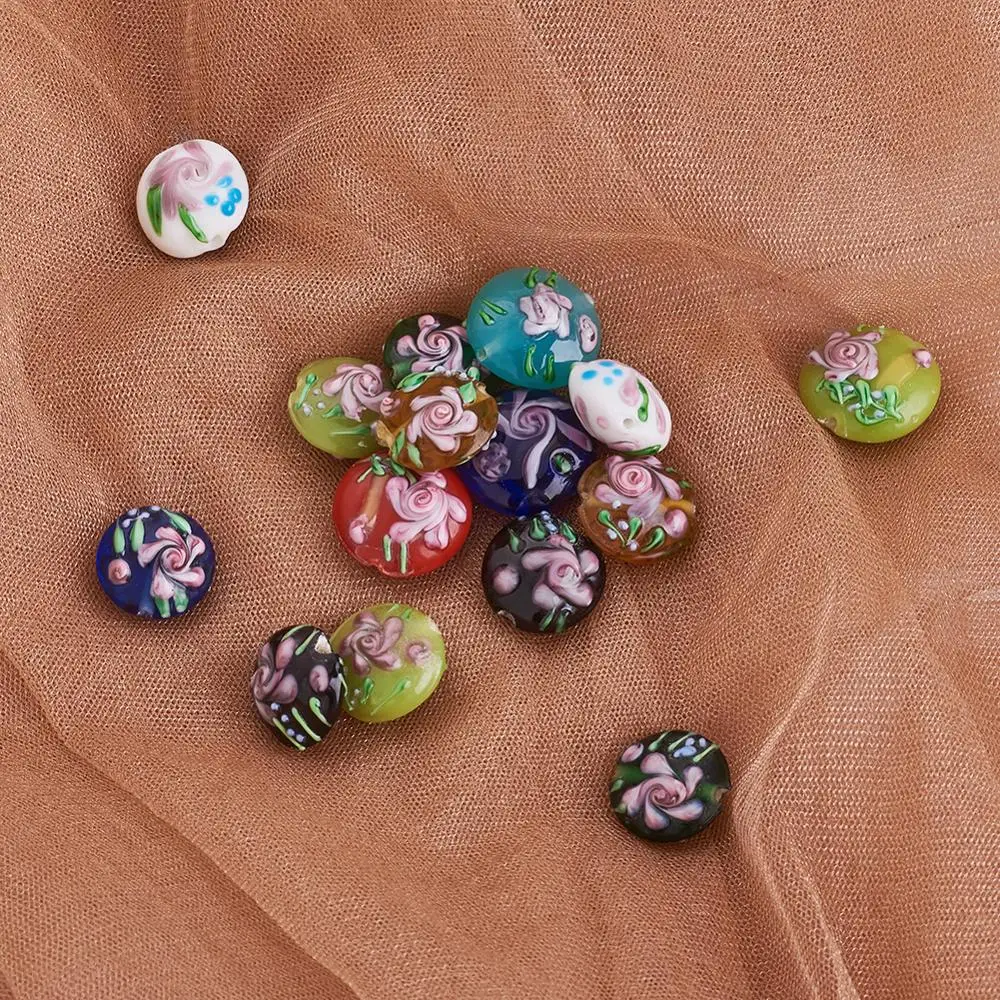 24pcs Handmade Bumpy Lampwork Beads Flat Round with Flower Beads for DIY Bracelet Jewelry Making Accessories 17~20.5x10~14mm