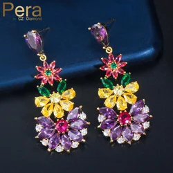 Pera Elegant Red Yellow Purple Cubic Zircon Gold Plated Long Big Flower Drop Dangle Earrings for Women Party Accessories E517