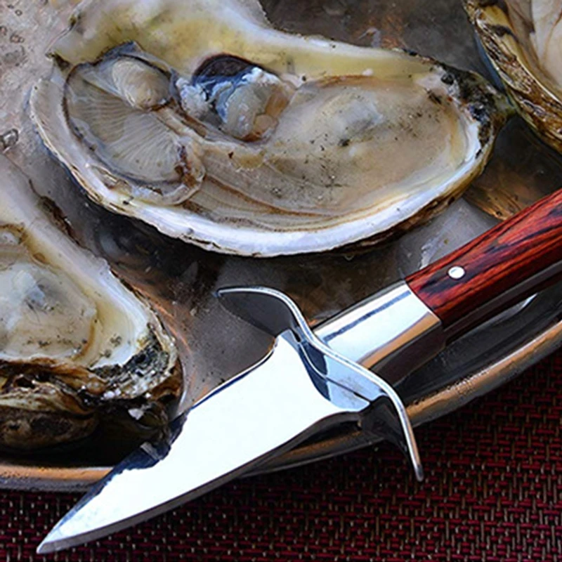 Abridor de facas de ostra com cabo de madeira, cortador de concha de vieira em aço inoxidável com estojo de couro para frutos do mar ferramentas