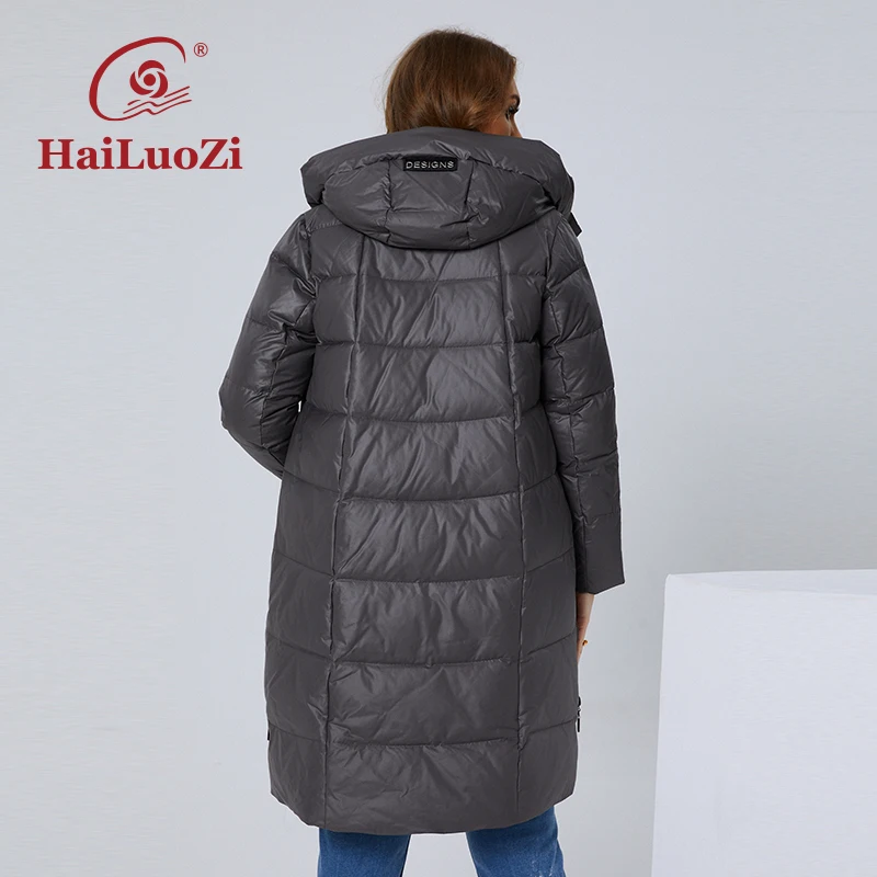 HaiLuoZi-Jaqueta longa de inverno feminina, parka casual, capuz com zíper lateral, casaco monocromático, clássico, grosso, plus size, moda feminina,