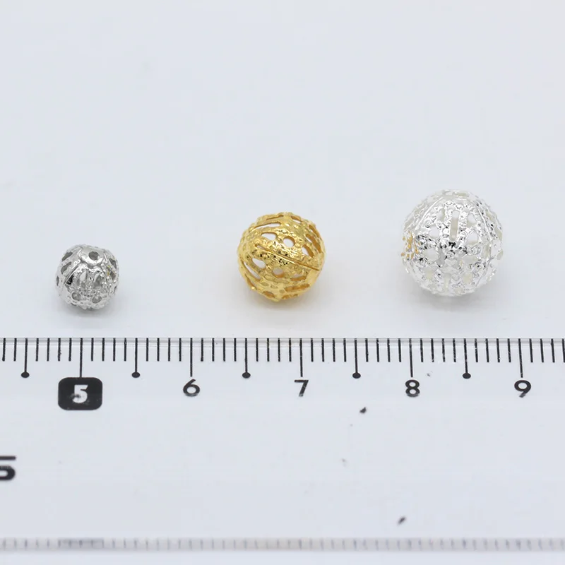 100p 6/8/10mm gold silver plated Filigree Hollow Round Beads For DIY Bracelets Necklace Jewelry Making Carved Metal Spacer Beads