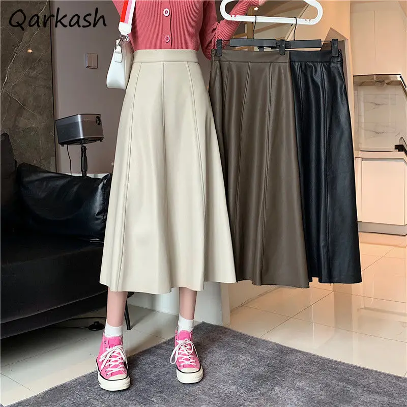 

Skirts Women 2021 Fashion PU Midi Autumn Korean Style High Waist A-Line Female Ins Casual College Solid Temperament Faldas Mujer