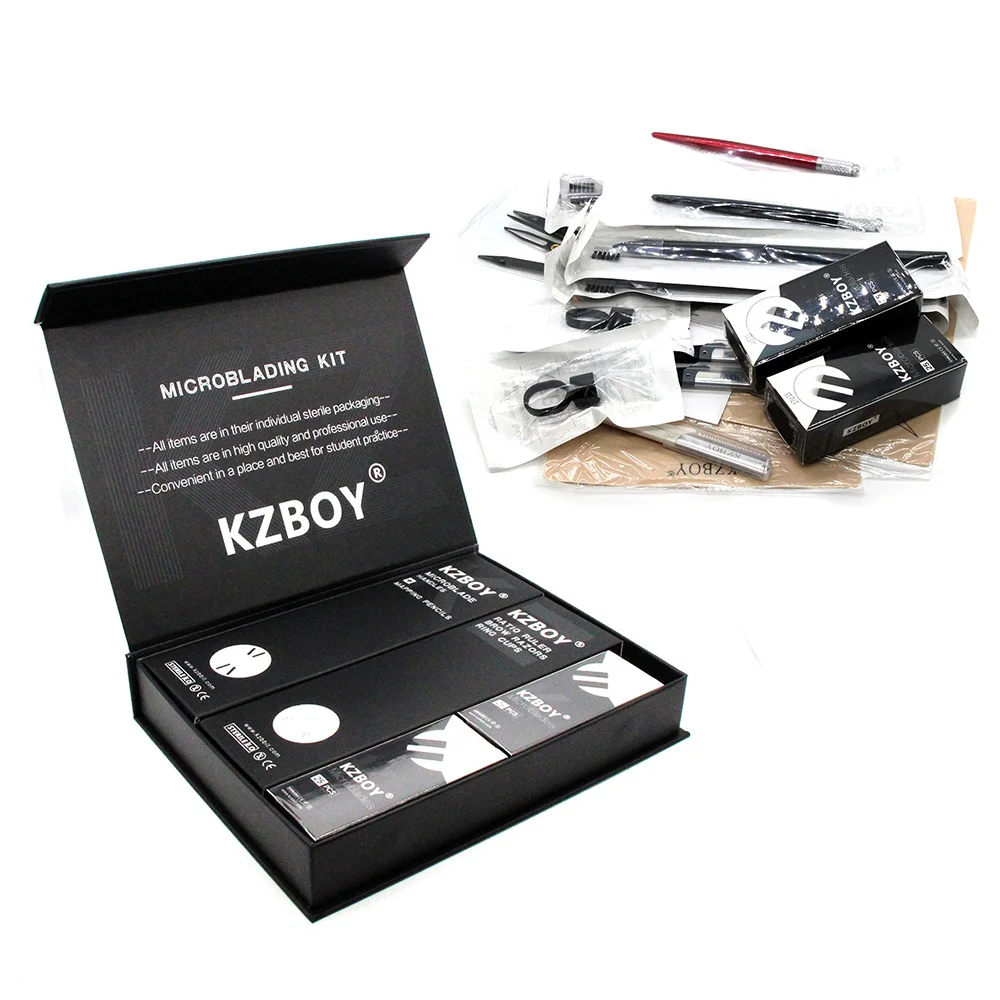 KZBOY جديد Microblading عدة للمبتدئين وشملت شفرات Microblading ، مقابض Microbladinng ، كوب الحبر ، وممارسة الجلد ونسبة