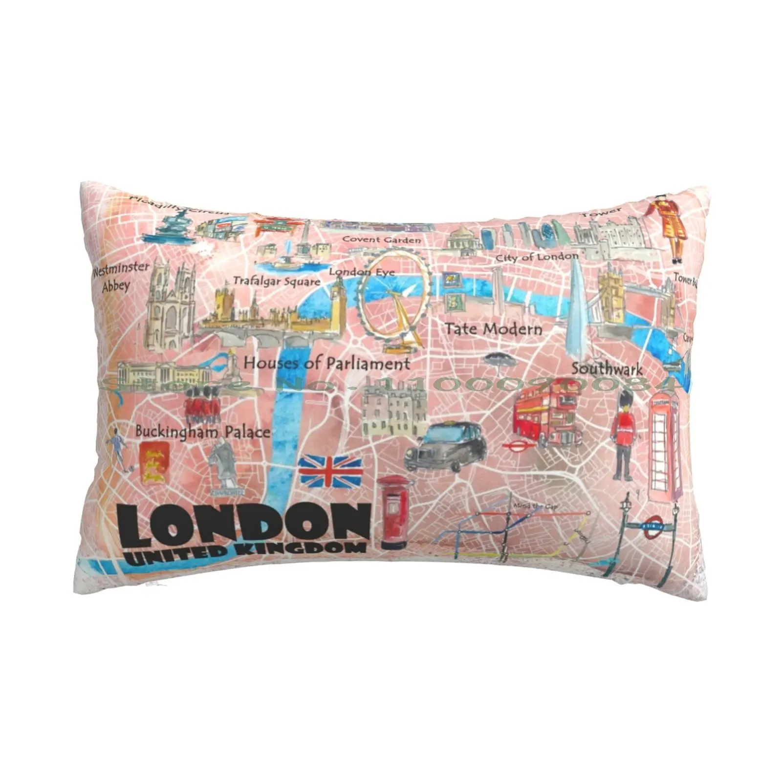 London Uk Illustrated Map With Main Roads , Landmarks & Highlights Pillow Case 20x30 50*75 Sofa Bedroom 1973 1974 1975 1976