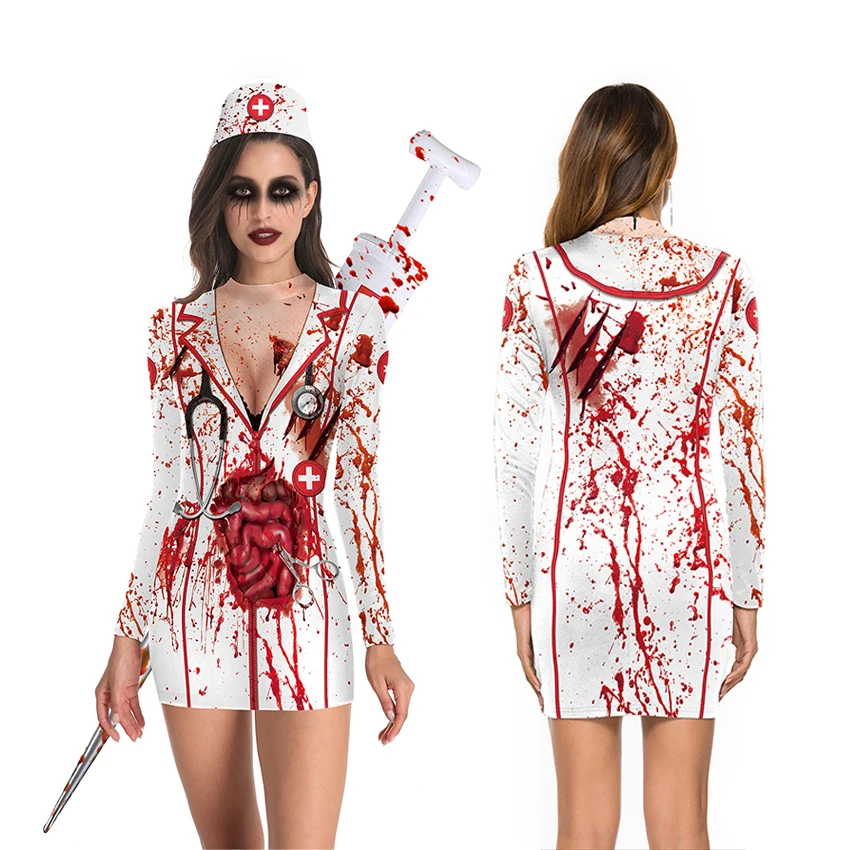 Scary Nurse Dress Bloody Women Skeleton Skull Horror Terror Halloween Costume for Women Ghost Carnival Masquerade Disguise