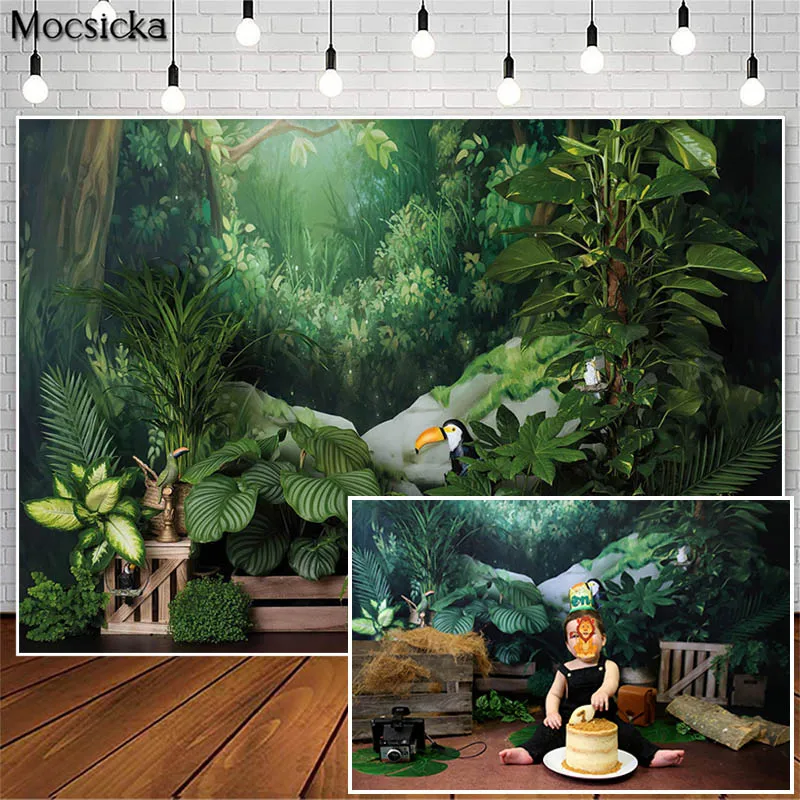 

Jungle Theme Cake Smash Photography Backdrops Woodland Safari Kids Birthday Photo Props Studio Booth Background Animal Decoratio