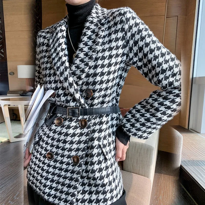 Temperament small suit houndstooth woolen coat thickened new autumn and winter jacket with waist bag