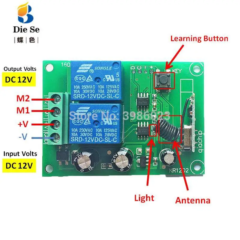 433MHz Remote Control Switch DC 12V 2CH Relay Receiver Module RF For Electric Motor Positive and negative current control