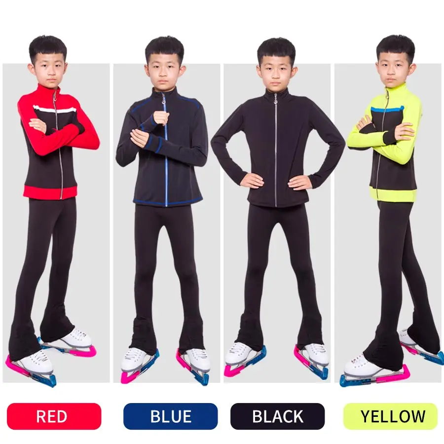 Boys men figure skating costumes TopsFigure skating show clothing Black blue stripe pattern Long sleeve Stretch fabrics