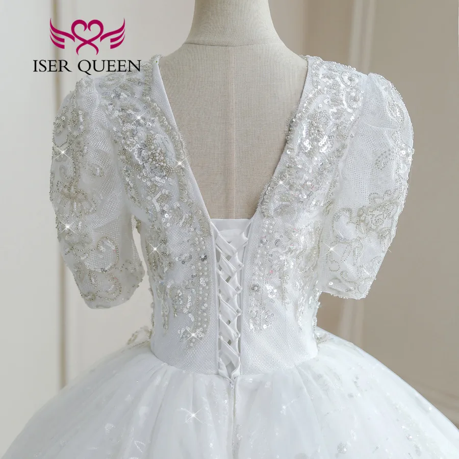 カスタムレースのボールガウン,半袖,Vネック,パール,ウェディングドレス,ファッション,ラージサイズ,wx0280