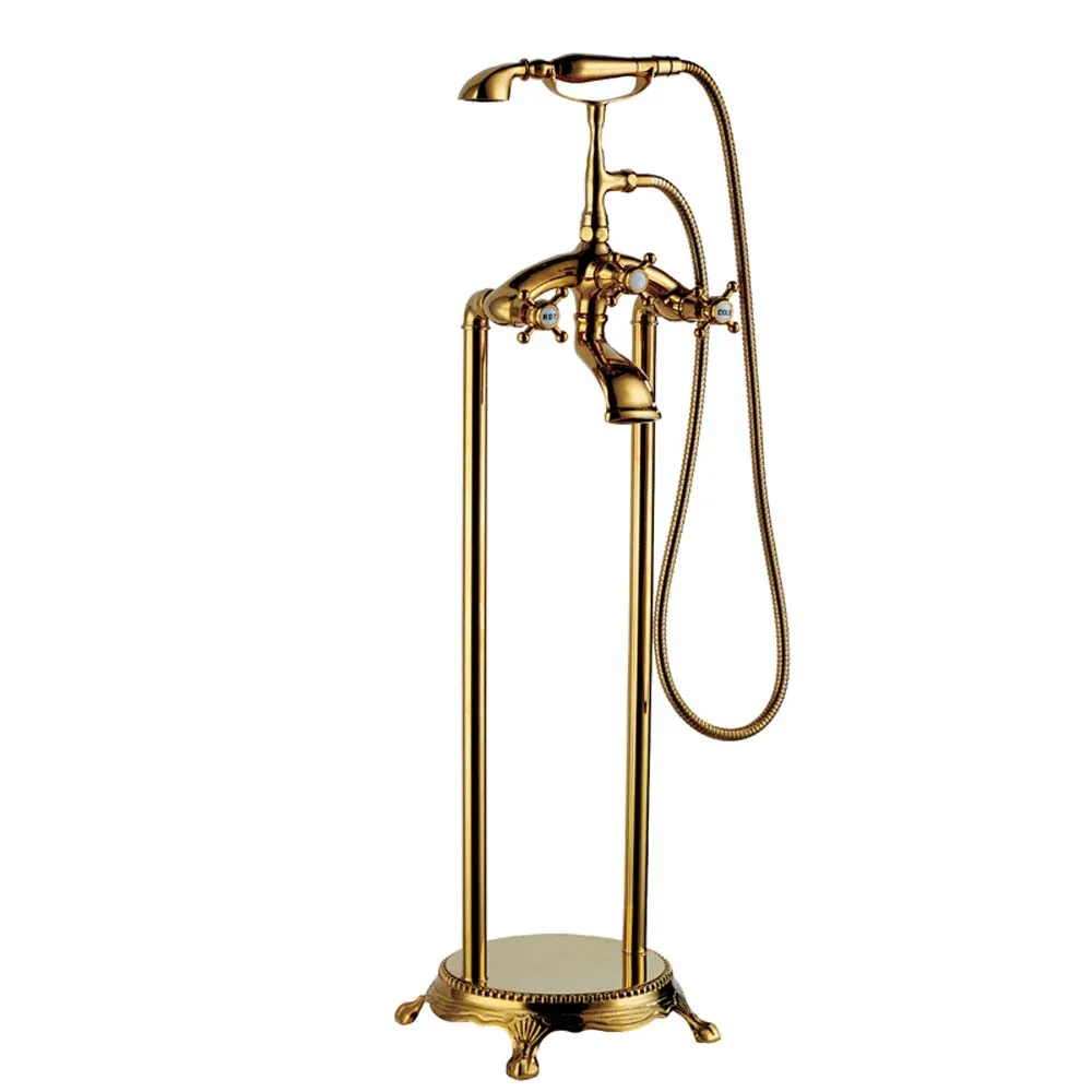 Bathroom floor-to-ceiling rotating bathtub faucet cylinder side pillar copper-gold high washbasin hotel shower hot and cold wate