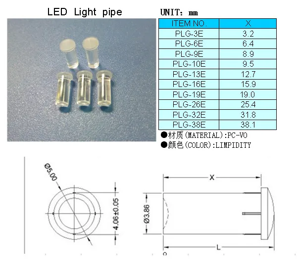 100 adet temizle renk 3.2MM-38.1MM hortum ışık için 4MM Led diyot LED tüp abajur değiştirin PLG-E LED yama ışık kılavuzu