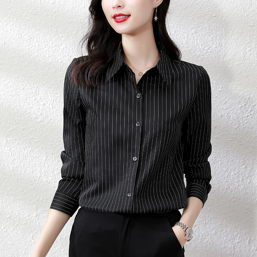 Vintage Striped Shirts Women Korean Fashion Long Sleeve Blouse Tops Women Elegant Office Lady Formal Clothing 2024 Blusas Mujer