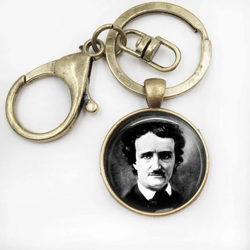 NEW  Edgar Allan Poe Keychain Antique Raven Nevermore Black and White Art pendant Vintage portrait jewelry