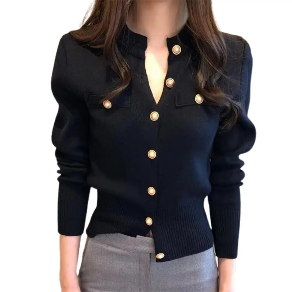 Women Cardigan Sweater Decorative Pockets Faux Pearl Buttons Knitted Coat Short Single Breasted Korean Slim Chic Ladies Tops