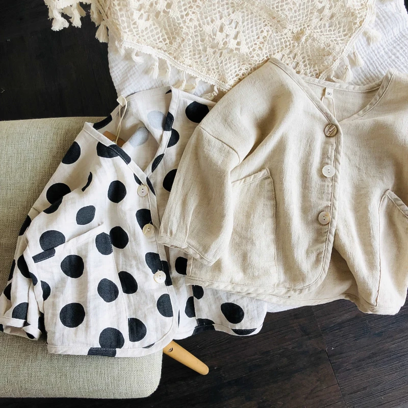 

Cotton and Linen Cardigan 2020 Spring and Summer Korean Children's Loose Polka Dot Solid Color Coat baby jacket