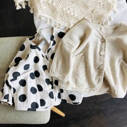 Cardigan en coton et lin pour enfants coréens, manteau ample à pois de couleur unie, veste pour bébé, printemps et été 2020