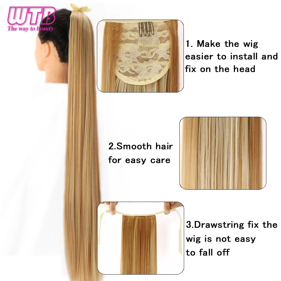 Wtb sintético longo seda reta cordão rabo de cavalo hairpieces para as mulheres grampo na cauda do cabelo extensões de cabelo falso 80cm