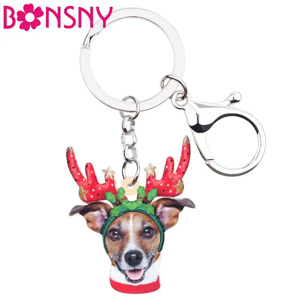 Bonsny Acrylic Christmas Antlers Labrador Dog Key chains Key Rings Bag Car Wallet Keychains For Women Girls Charm Gift Accessory