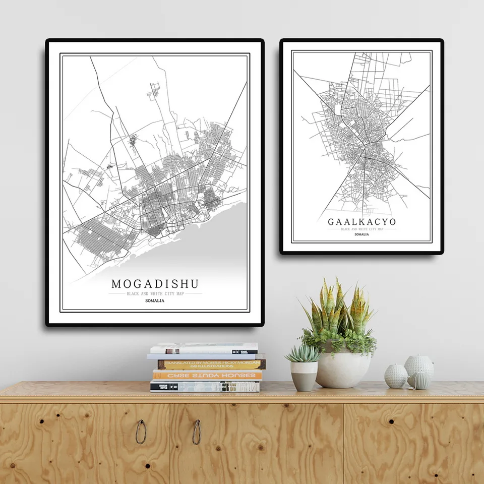 Somalia Creative city map Mogadishu Abstract Canvas Paintings Black and white Wall Art Print Poster Picture Home Decoration