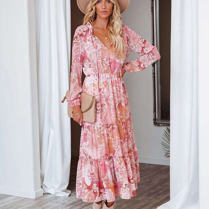 Robe longue à imprimé Floral pour femmes, tenue de soirée élégante, style Boho, taille haute, Sexy, col en v, manches longues, collection automne 2021