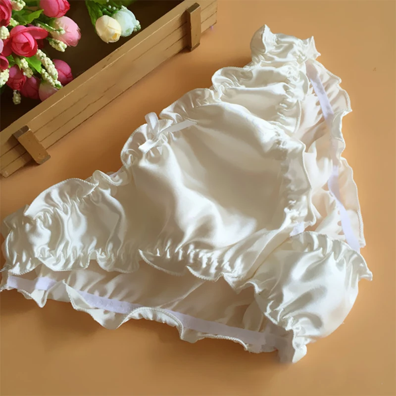 L-2XL 6Colors Silk Elastic Ruffles Bow Panties Lolita Elegant Comfortable Smooth Solid Women Briefs Underwear Lingerie