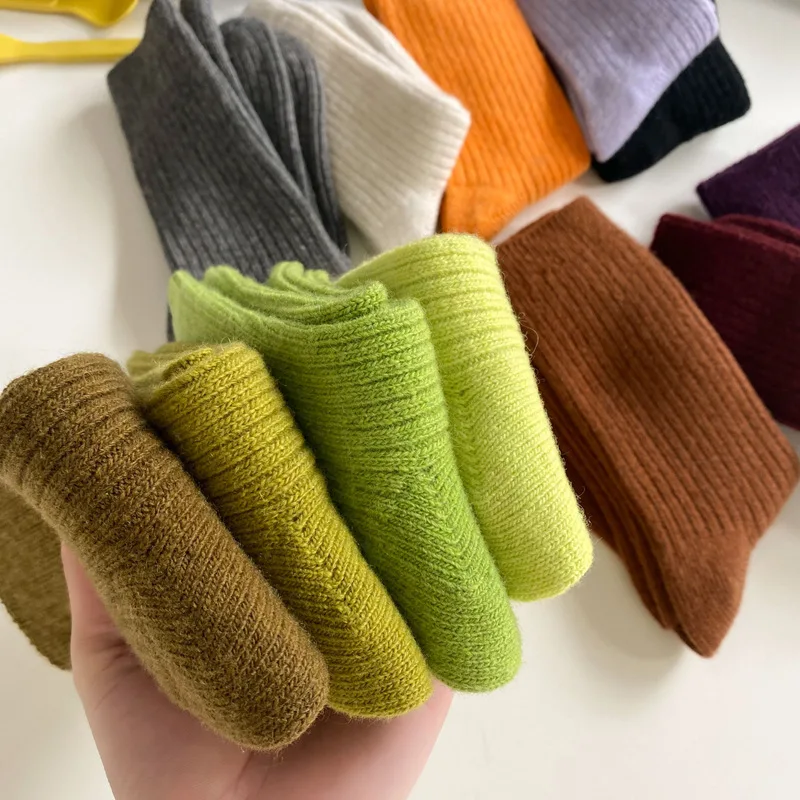 CHAOZHU Thicken Warm Merino Wool Classic Solid Colors Rib Socks Women High Quality Loose Crew Fashion Japanese Korea Sox Winter