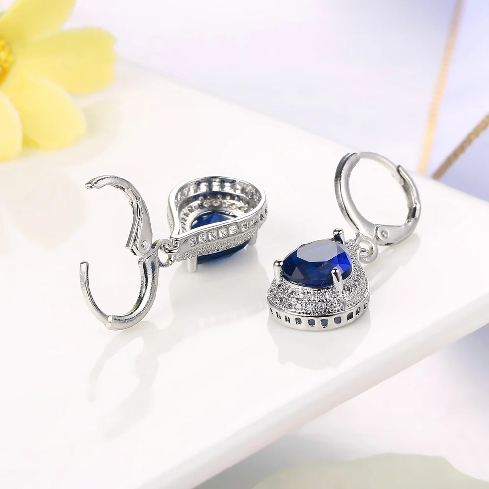 Big Stone Earrings For Women Blue Water Drop Rhinestone Silver Color Vintage Ear Accessories Wedding Jewelry Wholesale DWE824