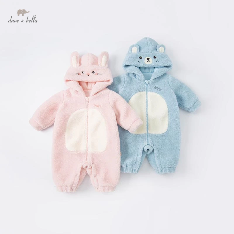 DBX20219 dave bella winter new born baby unisex fashion cartoon hooded jumpsuits infant toddler clothes children romper 1 piece