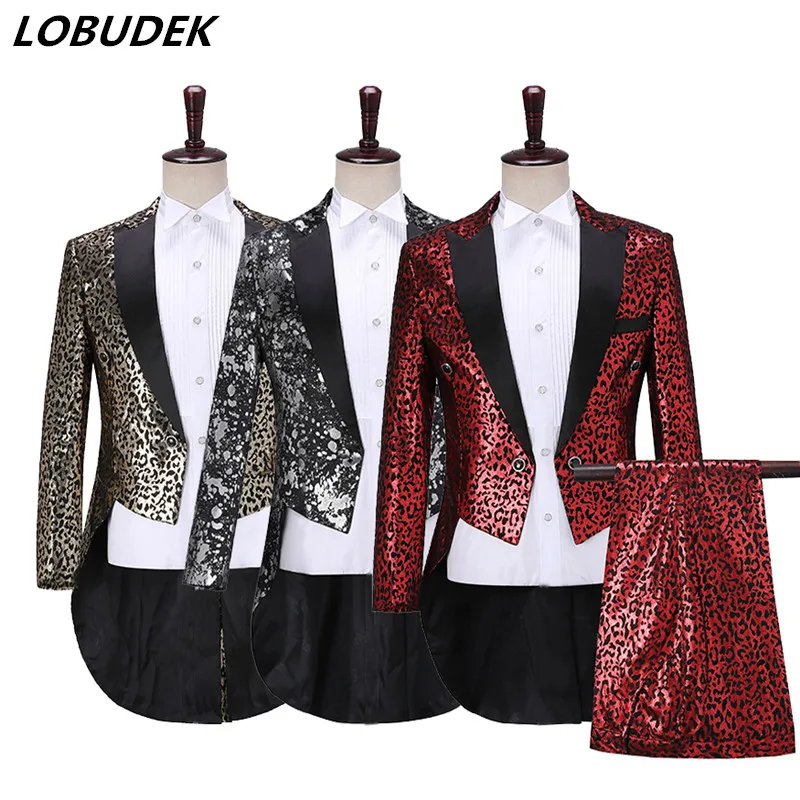 

Men's Magician Leopard-print Swallowtail Suit Gold Silver Tailcoat Pants 2-Pieces Set Prom Male Singer Chorus Host Stage Suits