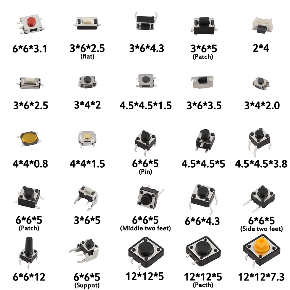 125pcs/lot touch switch/Micro Switch /push buttons switches 25 Types Assorted kit 2*4/3*6/4*4/6*6 for DIY Tool package