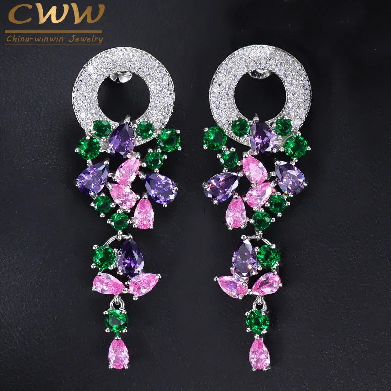 CWWZircons Fashion Laides Costume Jewelry Silver Color Beautiful Long Dangle Drop Multicolored CZ Earrings for Women CZ096