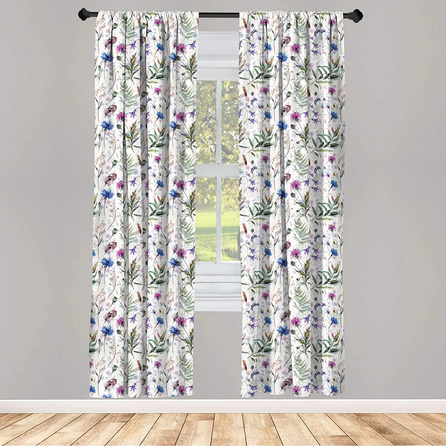 Thistle Curtain for Kids Rooms Hand-Drawn Watercolor Style Summer Wildflowers as Cornflower and Thistle Window Drapes