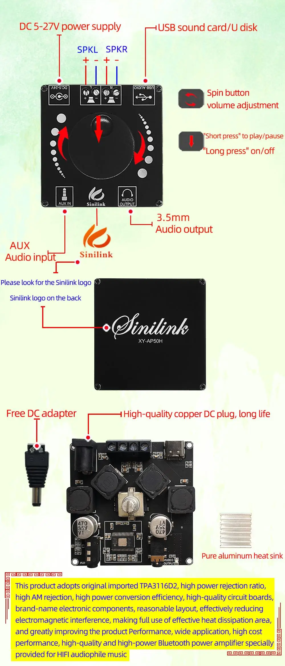 50w 50w bluetooth 5,0 digital tpa3116 audio leistungs verstärker klasse d 10w ~ 200w hifi stereo tpa3116d2 usb soundkarte app XY-AP50H – Detail 6