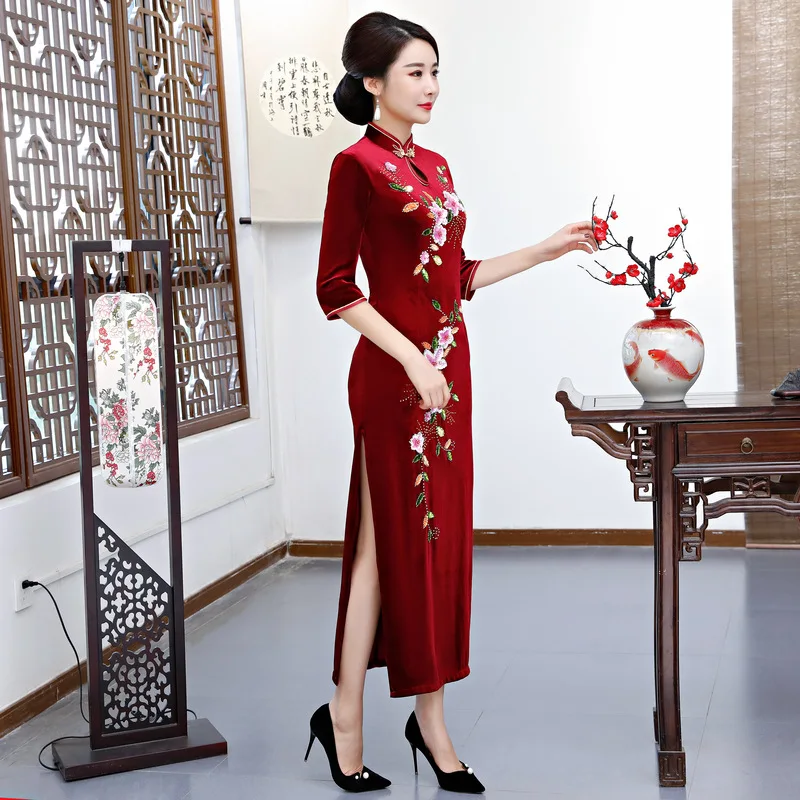 New Handmade Cheongsam Stretch Velvet Long Beaded Cheongsam Fashion Sequin Bead Mother Dress Classic Modern Qipao Платье