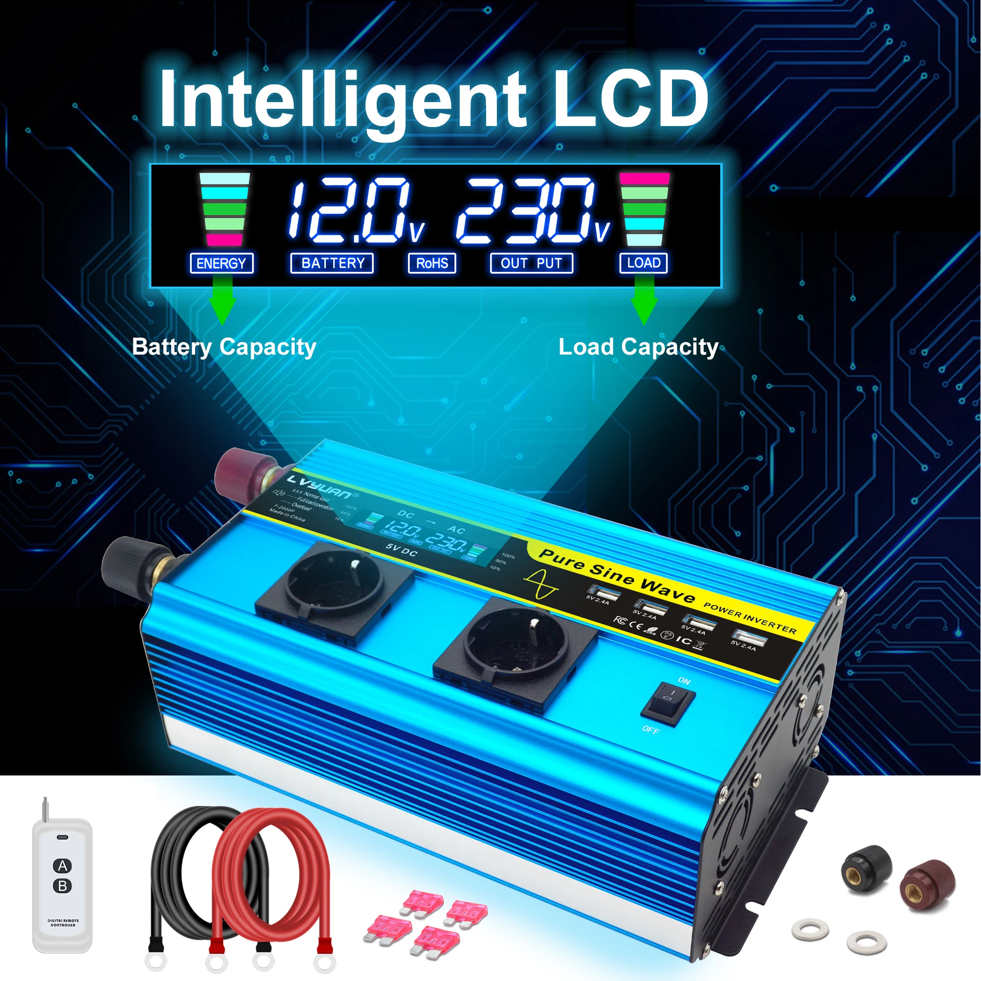 2000W/4000W LCD Pure Sine Wave Inverter DC 12V/24V to AC 220V 230V 240V Wireless Remote Control Voltage Converter Dual EU Socket