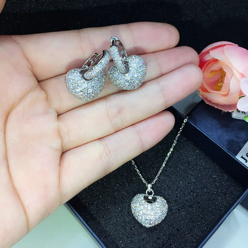 المشتري 925 فضة مجموعات مجوهرات نسائية الأبيض الزركون القلب قلادة القرط للنساء الفاخرة العروس الزفاف غرامة مجوهرات