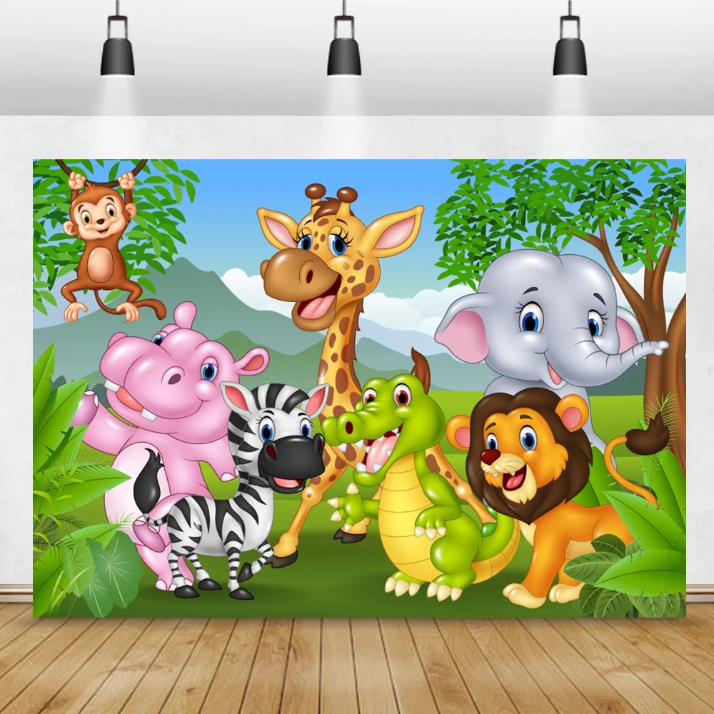 Jungle Safari Birthday Backdrops Baby Cartoon Party Forest Animal Grass Baby Portrait Poster Photo Background Photo Studio image 2